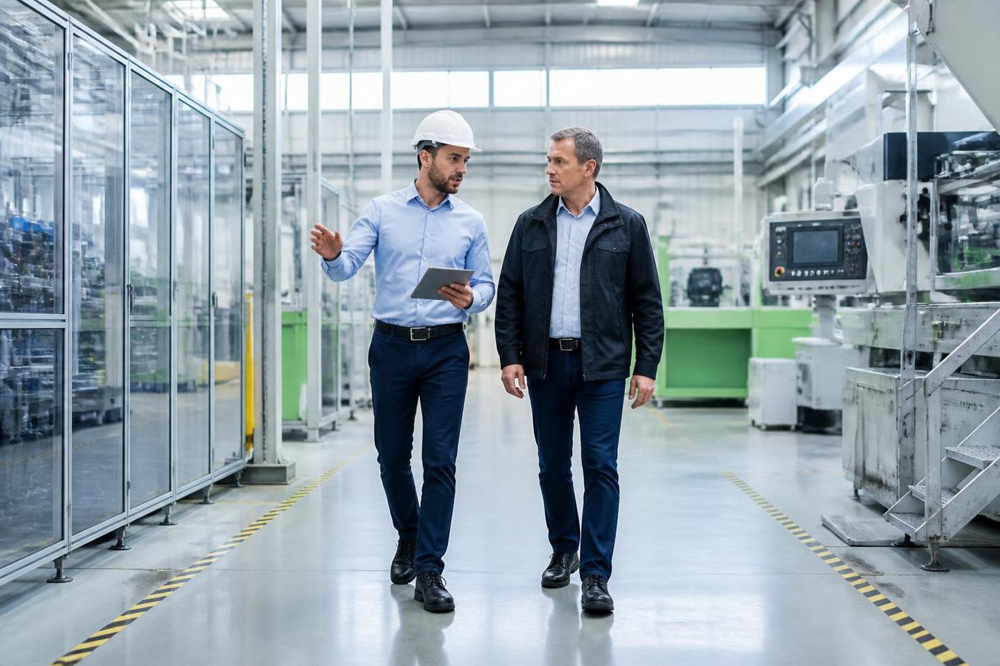 Fachkraft für Arbeitssicherheit bei einer Begehung in der Produktion